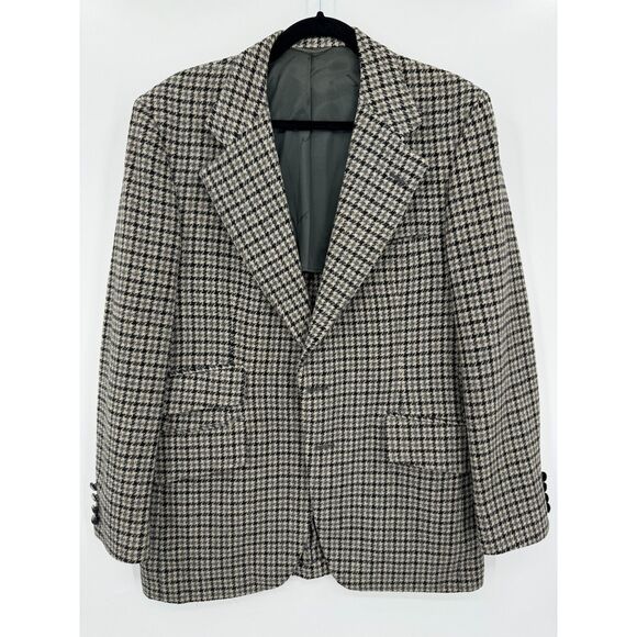MICHAEL NOVARESE Vintage Beige Black Houndstooth 100% Wool Blazer Size 42R - Picture 1 of 12